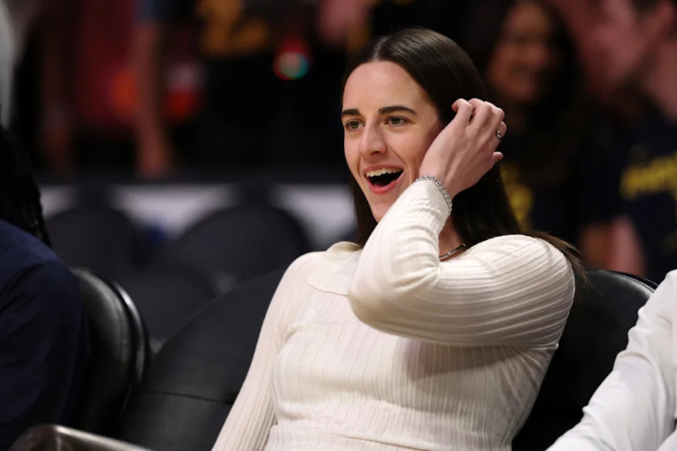 Indiana Fever guard Caitlin Clark (22) sits on the bench before a game.Kiyoshi Mio-Imagn Images