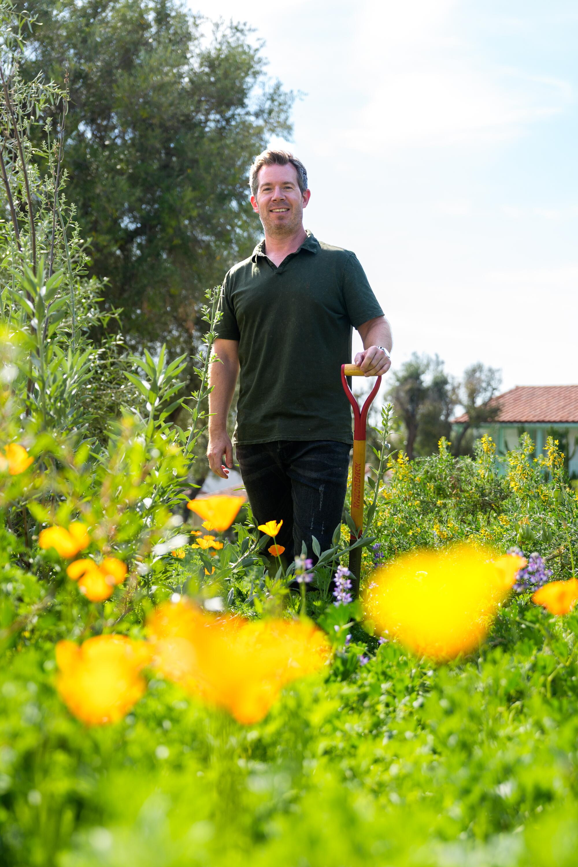 Christopher Smee stands amidst orange California poppies.