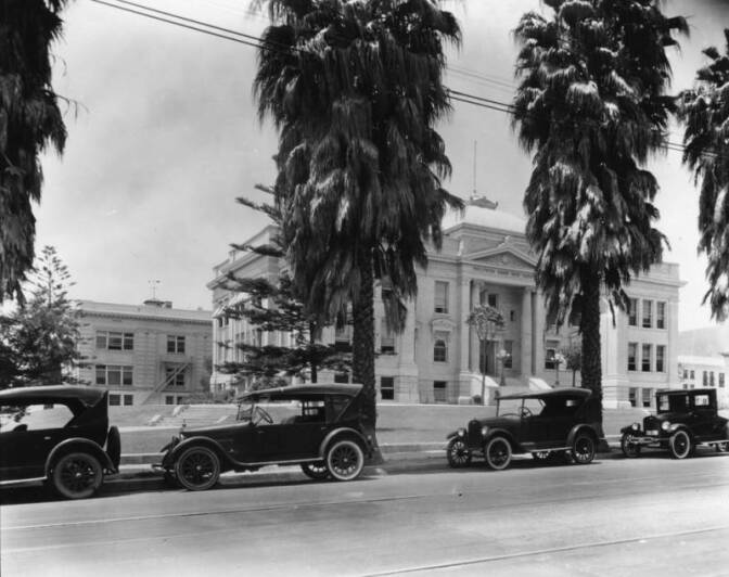A black and white photograph of a line of vintage cars parked in front of palm trees and a