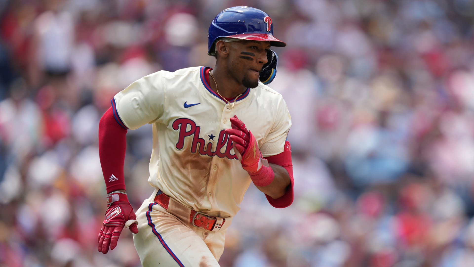 Philadelphia Phillies' Johan Rojas plays during the first baseball game of a doubleheader Wednesday, July 2, 2025, in Philadelphia.