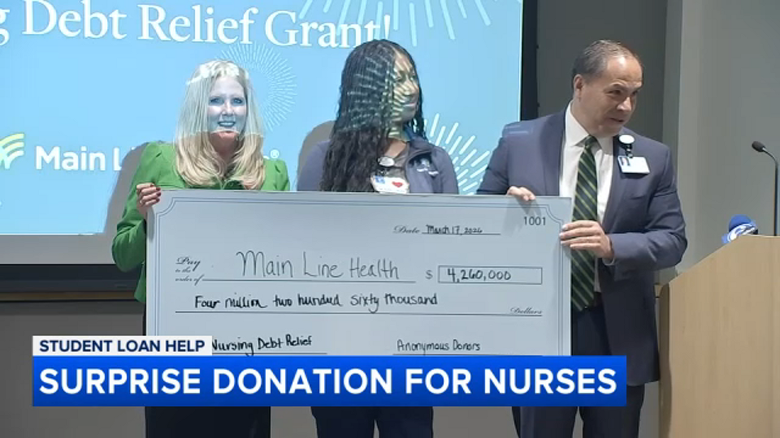 $1 million anonymously donated to nurses at Bryn Mawr Hospital in Montgomery County, Pa.