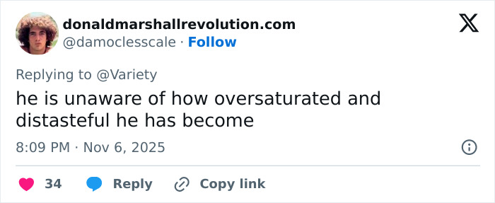 Screenshot of a tweet criticizing Timothée Chalamet’s arrogant streak affecting his Oscar chances, posted in 2025.