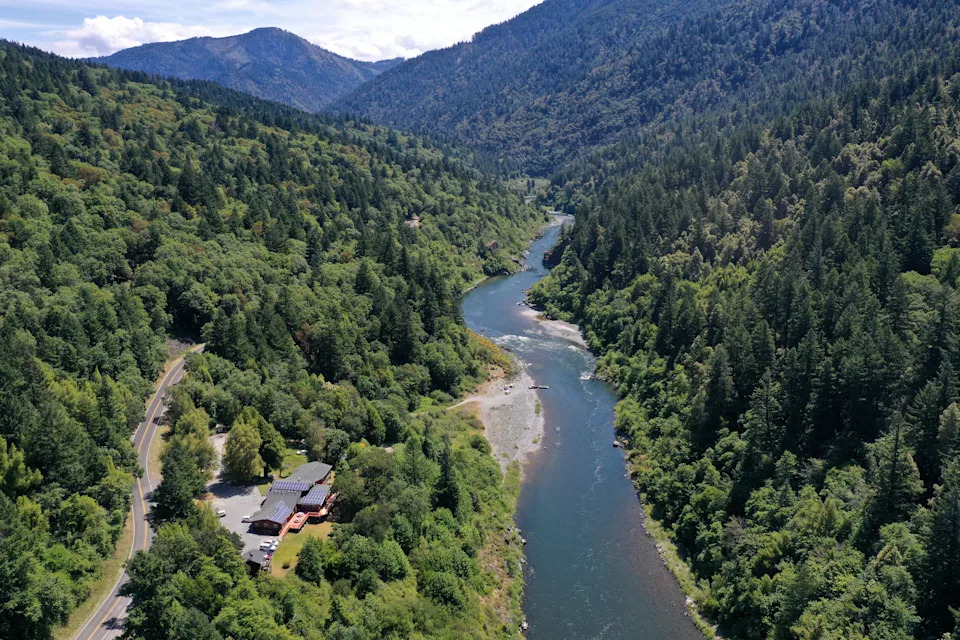 Aerial view of a river with lush greenery on both sides
