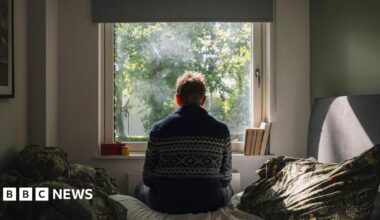 A man is seen from behind as he is sat on a bed looking out onto a sunny day.