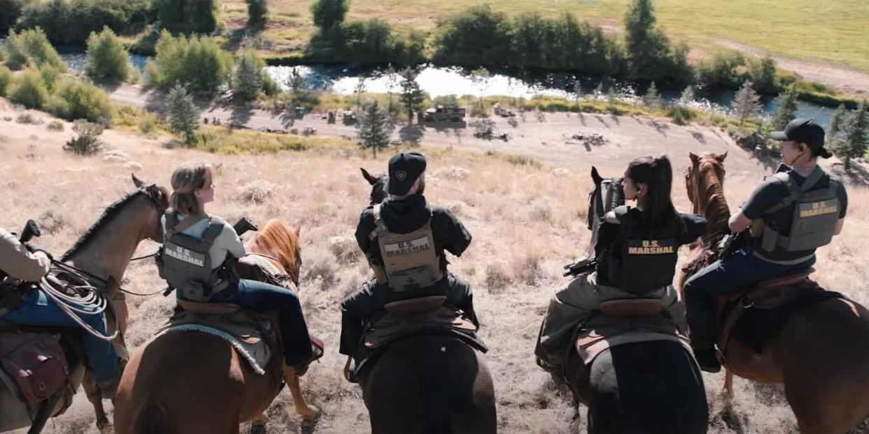 A group of U.S. Marshals on horseback looking down at their opponents on 'Y: Marshals'
