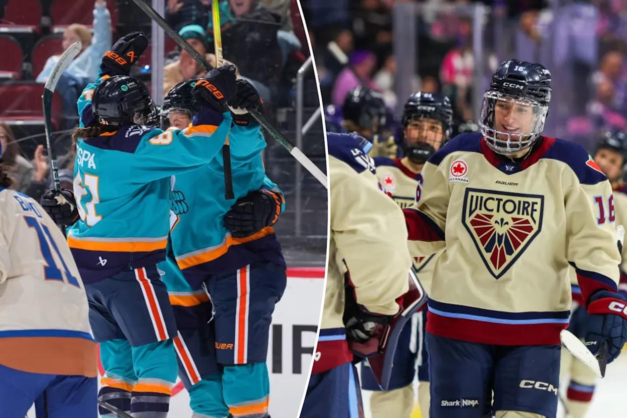 An image collage containing 2 images, Image 1 shows Savannah Norcross #7 of the New York Sirens celebrates with teammates after scoring her first PWHL goal during the third period of the game against the Vancouver Goldeneyes on December 31, 2025 at the Prudential Center in Newark, New Jersey, Image 2 shows Hayley Scamurra #16 of the Montréal Victoire celebrates a goal against the Minnesota Frost during the third period at Grand Casino Arena on March 25, 2026 in St Paul, Minnesota