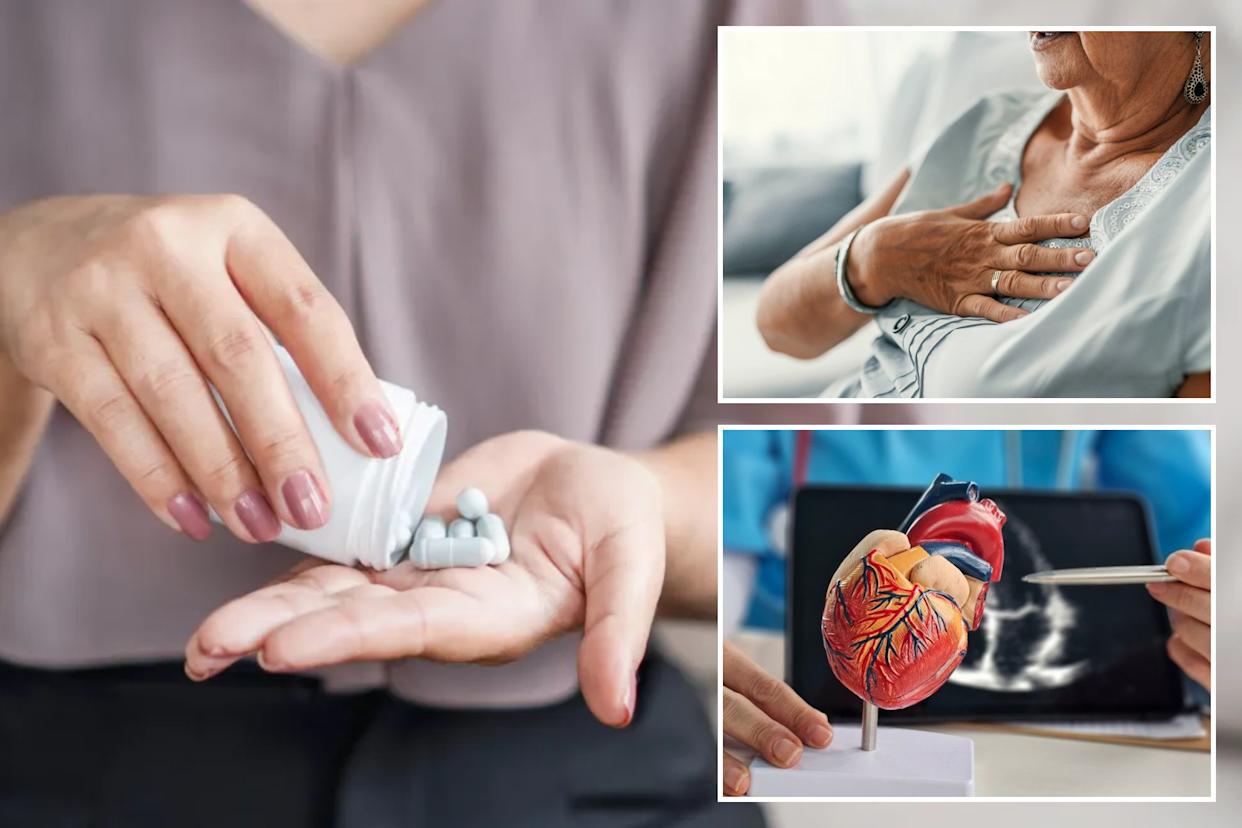 An image collage containing 3 images, Image 1 shows A woman pours light blue pills from a white bottle into her palm, Image 2 shows Senior woman with a hand on her chest, experiencing discomfort, Image 3 shows Cardiologist explaining heart anatomy using a model and ultrasound