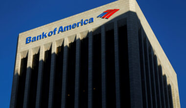 The Bank of America building is shown in Los Angeles, California