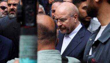Iran's parliament speaker Mohammad Baqer Qalibaf visits a site of an Israeli strike, in Beirut
