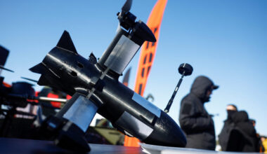 P1-Sun FPV interceptor drone is displayed at an exhibition of Ukrainian drone makers in an undisclosed location in Ukraine