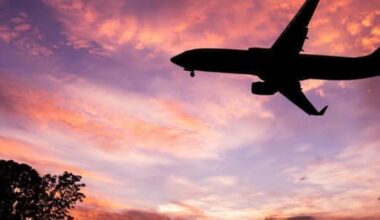 A plan flying in the evening against a purple sky