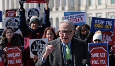 Senate Democrats speak to gathering opposed to the SAVE America legislation at the U.S. Capitol in Washington