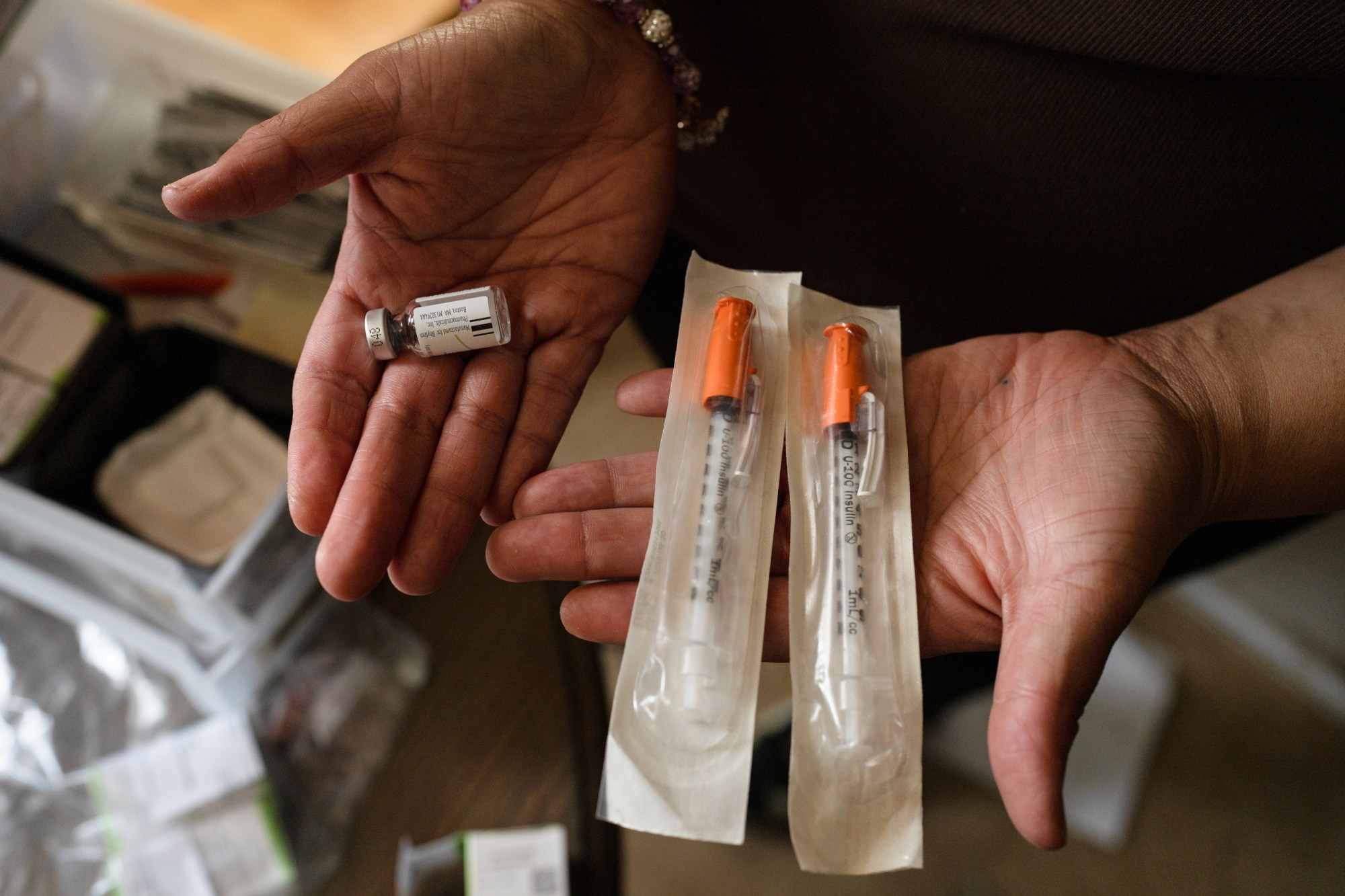 Gabrielle Jones-Radtke shows the syringes and vials of Imcivree she injects her daughter seven-year-old daughter Freyja with, in their home in El Paso, Texas on Saturday, February 28, 2026. Imcivree treats the hormone imbalance that leads to excessive hunger, which in turn leads to early-onset obesity in children with Bardet-Biedl syndrome (BBS).