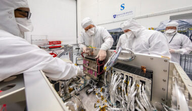 From left, Carlisa Drew, Seth Harvey, Anthony Fanelli, Emory Toomey and TJ Lee conduct power and functional testing on Dragonfly’s Integrated Electronics Module (IEM) and Power Switching Unit (PSU) in the cleanroom at Johns Hopkins APL