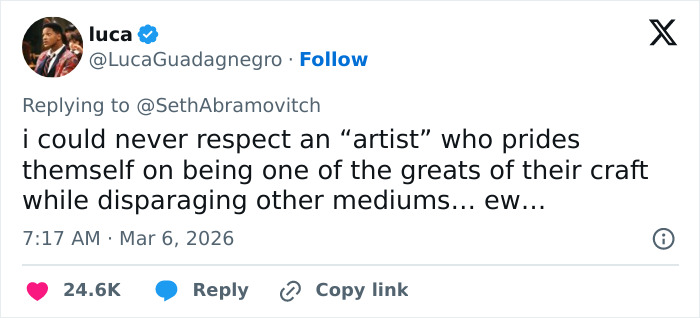 Screenshot of a tweet criticizing an artist’s arrogance, related to Timothée Chalamet’s Oscar chances according to Academy insiders.