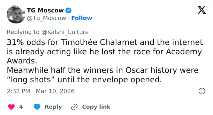 Tweet from user TG Moscow discussing Timothée Chalamet's alleged arrogant streak affecting his Oscar chances.