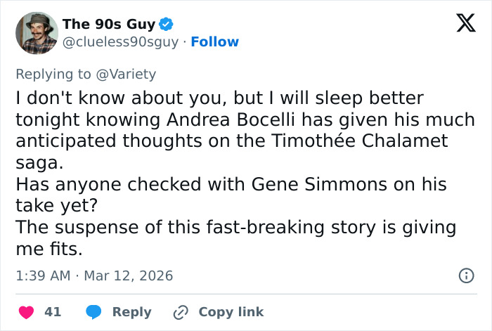 Screenshot of a tweet mentioning Timothée Chalamet saga and anticipation before the Oscars. Screenshot of a tweet mentioning Timothée Chalamet saga and anticipation before the Oscars.