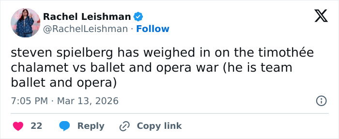Tweet discussing Steven Spielberg’s opinion on Timothée Chalamet and the ballet and opera debate ahead of the Oscars. Tweet discussing Steven Spielberg’s opinion on Timothée Chalamet and the ballet and opera debate ahead of the Oscars.