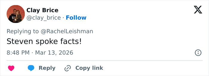 Tweet by Clay Brice replying about Steven Spielberg’s comments on Timothée Chalamet before the Oscars ceremony. Tweet by Clay Brice replying about Steven Spielberg’s comments on Timothée Chalamet before the Oscars ceremony.