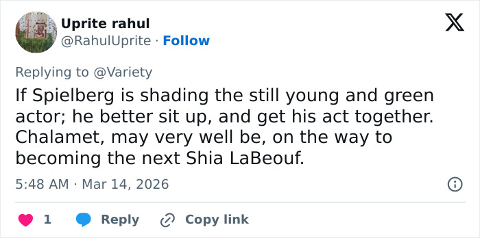 Twitter reply discussing Spielberg slamming Timothée Chalamet, questioning if anyone saw him as a sage before this. Twitter reply discussing Spielberg slamming Timothée Chalamet, questioning if anyone saw him as a sage before this.
