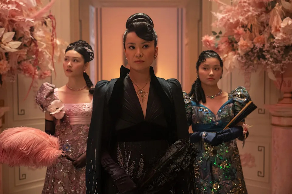 Liam Daniel/Netflix - PHOTO: Isabella Wei as Posy Li, Katie Leung as Lady Araminta Gun, Michelle Mao as Rosamund Li in episode 406 of "Bridgerton."