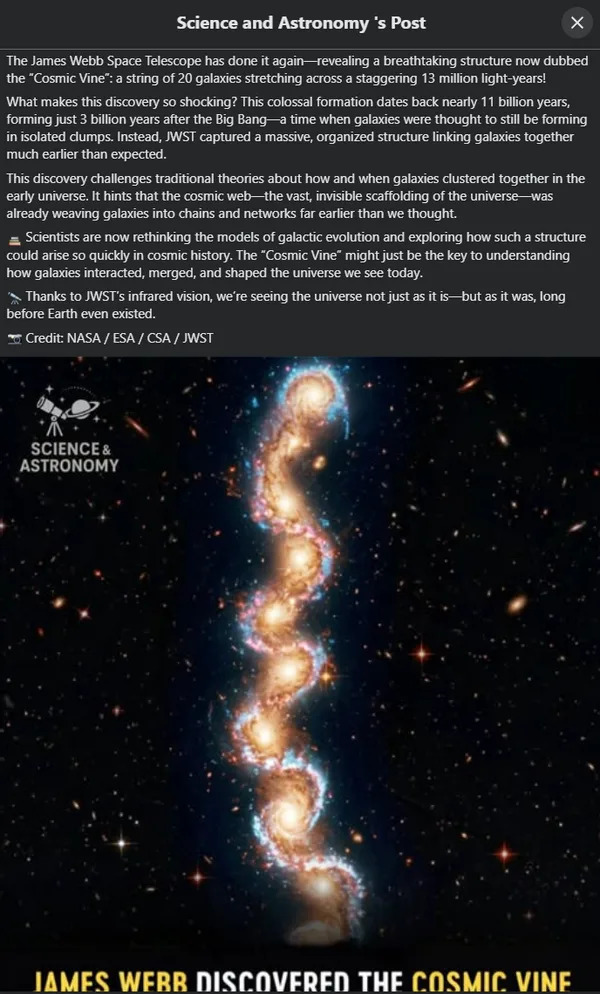 Screenshot of Facebook post about Cosmic Vine, including an image of a bunch of galaxies linked together in a vertical chain. The text of the post reads: 