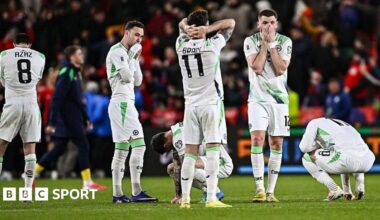 The Republic of Ireland players after losing 4-3 on penalties at Fortuna Arena