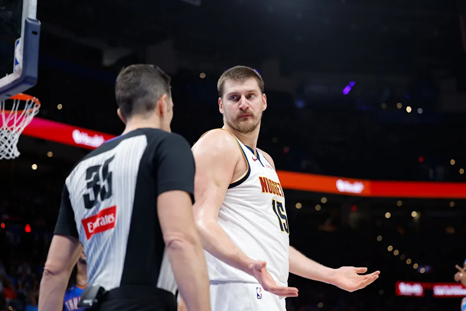 Mar 9, 2026; Oklahoma City, Oklahoma, USA; Denver Nuggets center Nikola Jokić (15) reacts towards an official after a play against the Oklahoma City Thunder during the second quarter at Paycom Center. Mandatory Credit: Alonzo Adams-Imagn Images