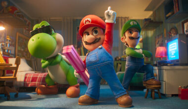 L to R: Yoshi (Donald Glover), Mario (Chris Pratt) and Luigi (Charlie Day) in Nintendo and Illumination’s The Super Mario Galaxy Movie, directed by Aaron Horvath and Michael Jelenic.