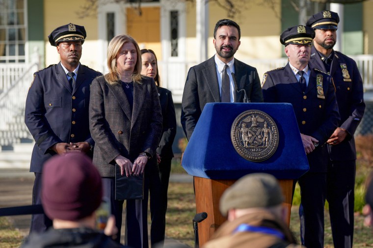 Zohran Mamdani speaks at a presser outside
