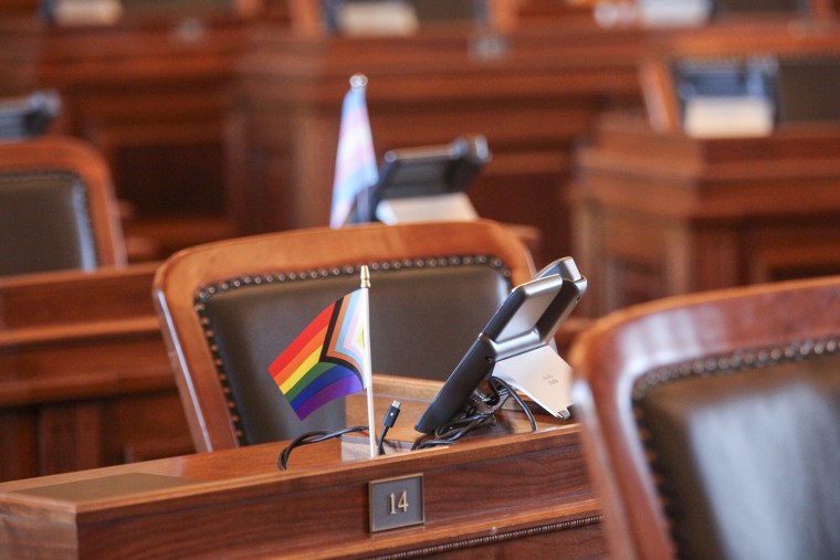 A flag promoting LGBTQ rights sits in the House chamber as Republicans prepare to push for a ban on gender-affirming care for transgender minors last year.