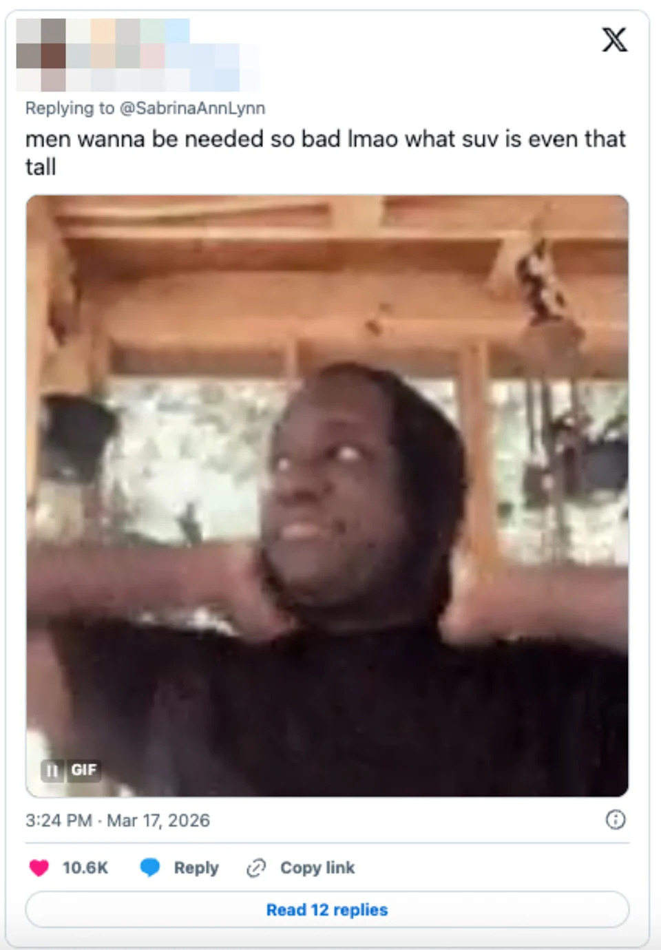 GIF of a person moving their head while lying down with a tweet about tall SUVs and dependency dynamics in relationships