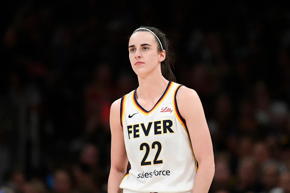 Indiana Fever guard Caitlin Clark (22) looks on during a WNBA game.Erica Denhoff&sol;Icon Sportswire via Getty Images