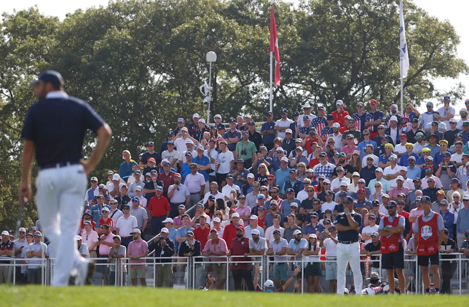 Sep 27, 2025; Bethpage, New York, USA; Fans on the 11th hole on the penultimate day of competition for the Ryder Cup at Bethpage Black. Mandatory Credit: Peter Casey-Imagn Images© Peter Casey-Imagn Images