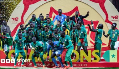 A graphic of Premier League players from every team in the division in 2025-26 season, with the Premier League trophy in front of them.