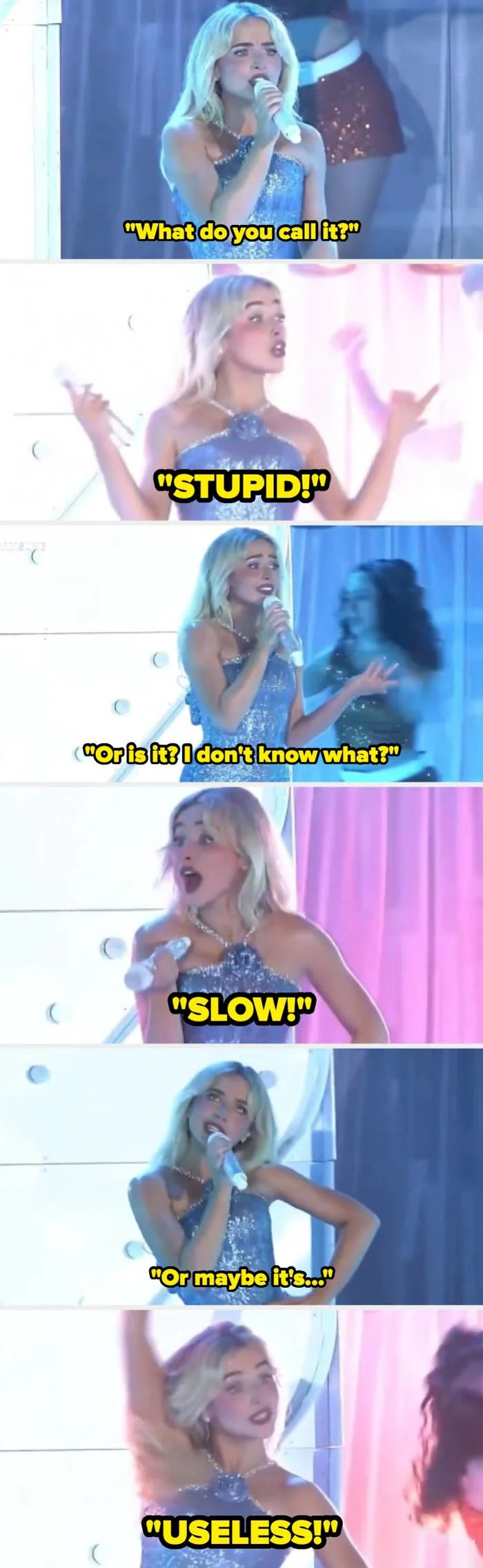 A performer on stage sings energetically; text highlights words like "stupid," "slow," and "useless."