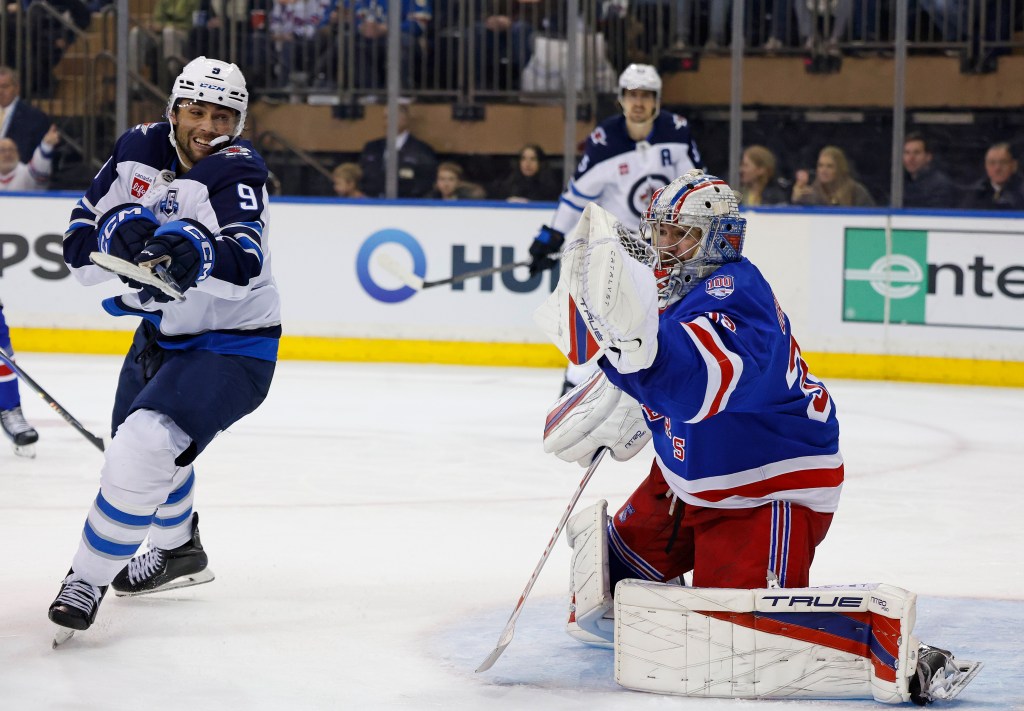 Dylan Garand #33 of the New York Rangers makes a save during the second period when the New York Rangers played the Winnipeg Jets Sunday, March 22, 2026 at Madison Square Garden in Manhattan, NY. 
