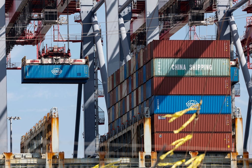 Shipping containers are stacked at the Port of Los Angeles in California on Wednesday. Photo: EPA