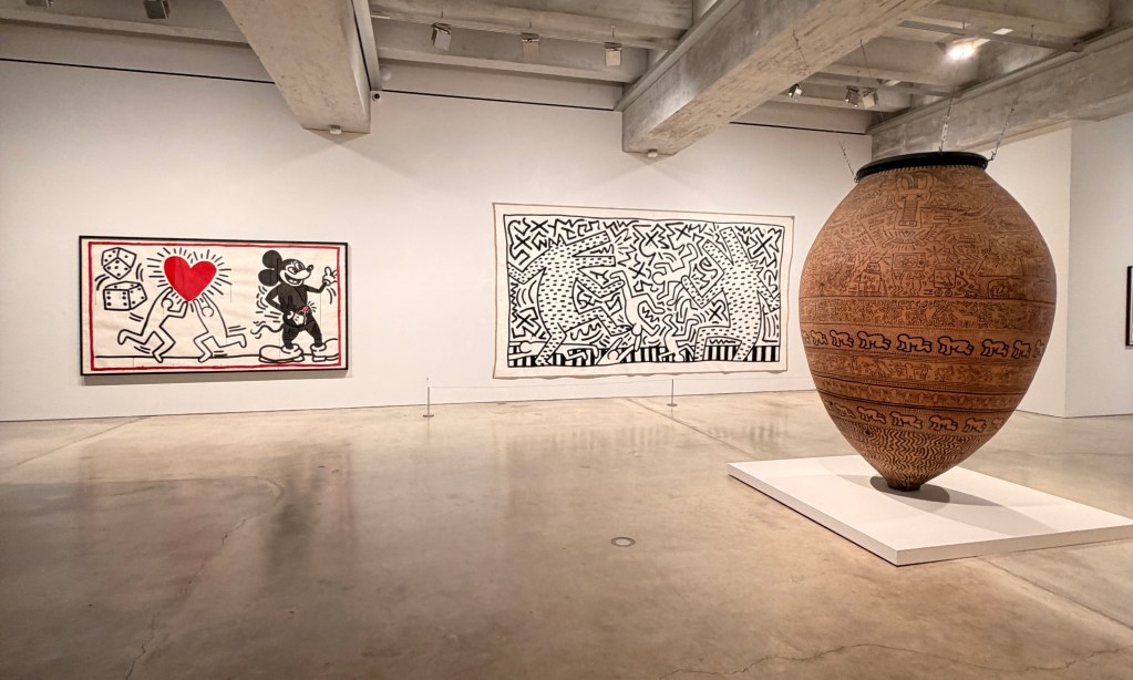 Two large painting and one very large ceramic work by Keith Haring