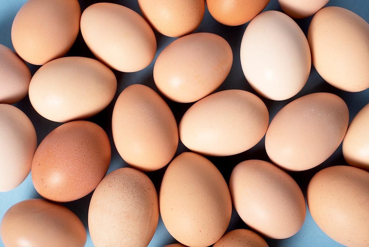 background of brown eggs on blue background  shot in the studio