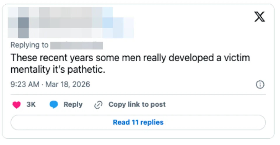 Tweet by Sébastien Santin criticizing some men's victim mentality as pathetic