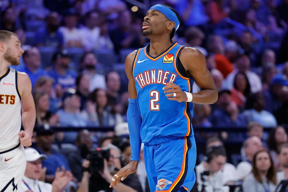 Mar 9, 2026; Oklahoma City, Oklahoma, USA; Oklahoma City Thunder guard Shai Gilgeous-Alexander (2) gestures after scoring against the Denver Nuggets during the second quarter at Paycom Center. Mandatory Credit: Alonzo Adams-Imagn Images