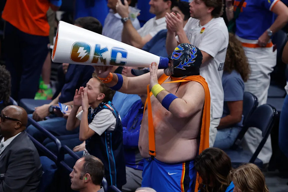 Mar 9, 2026; Oklahoma City, Oklahoma, USA; Oklahoma City Thunder super fan cheer for the team against the Denver Nuggets during the first quarter at Paycom Center. Mandatory Credit: Alonzo Adams-Imagn Images