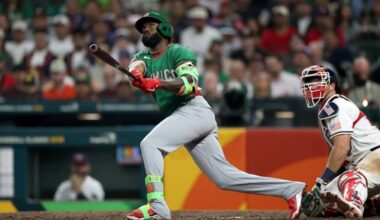 Randy Arozarena (56) of Mexico in action during the 2026 World Baseball Classic game between Mexico and the United States at Daikin Park on March 9, 2026 in Houston, Texas. (Kenneth Richmond / Getty Images / The Athletic)