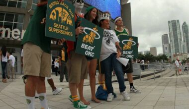 Seattle SuperSonics fans showed their support for the Miami Heat to beat the Oklahoma City Thunder during the 2012 NBA Finals. (Ronald Martinez / Getty Images / The Athletic)