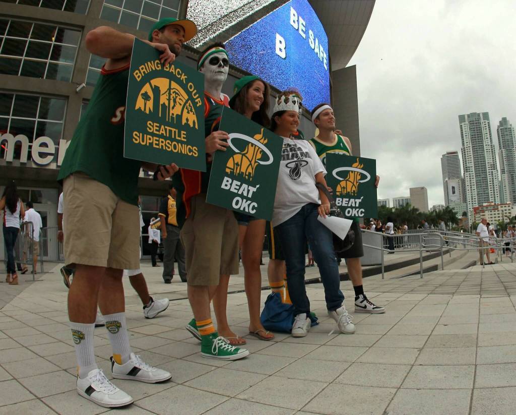 Seattle SuperSonics fans showed their support for the Miami Heat to beat the Oklahoma City Thunder during the 2012 NBA Finals. (Ronald Martinez / Getty Images / The Athletic)