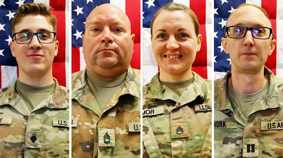 (L to R) Sgt. Declan J. Coady, Sgt. 1st Class Noah L. Tietjens, Sgt. 1st Class Nicole Amor and Capt. Cody Khork were killed March 1, 2026, at the Port of Shuaiba, Kuwait during a drone attack. / U.S. Army