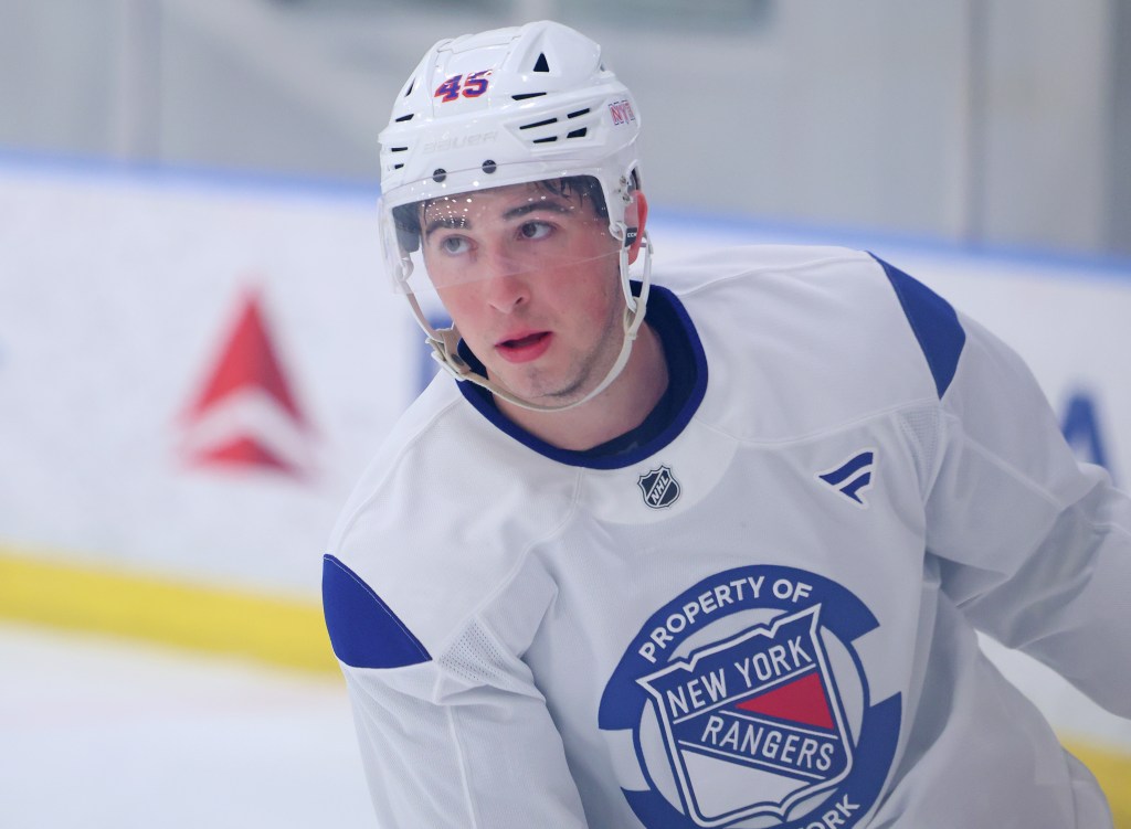 New York Rangers rookie Drew Fortescue in his training uniform at Madison Square Garden Training Center.