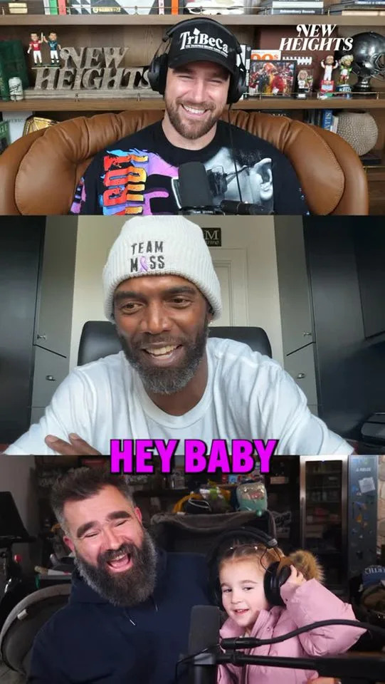 Travis Kelce and Randy Moss talk to Jason Kelce and his daughter Ellie on 'New Heights.'Credit: New Heights/Instagram