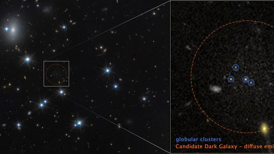 The Hubble image of CDG-2 with annotations that highlight the four globular clusters through which the galaxy itself was spotted. - D. Li (Utoronto), Ima/ESA/NASA